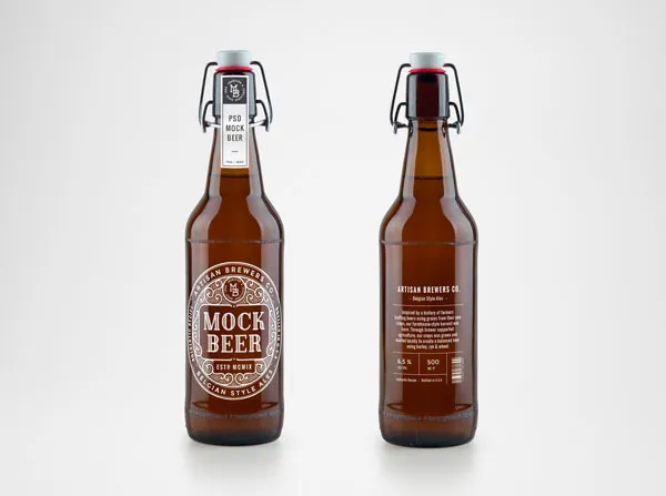 2 Beer Bottles Label Back and Front View Mockup 1