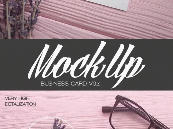 2 Business Card Mockups on Wooden Surface with Glasses and Flower 1