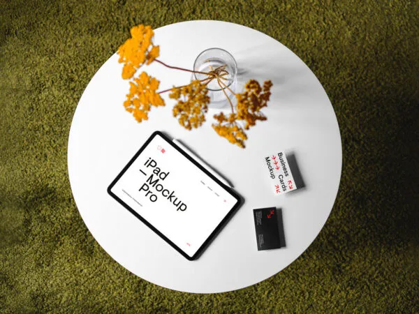 2 Business Cards Mockup with iPad in Top Sight 1