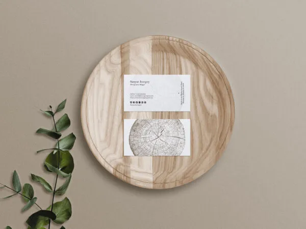 2 Business Cards on Wooden Tray Mockup with Leaves 1