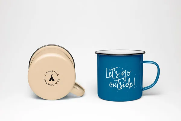 2 Enamel Mugs Bottom and Front View Mockup 1