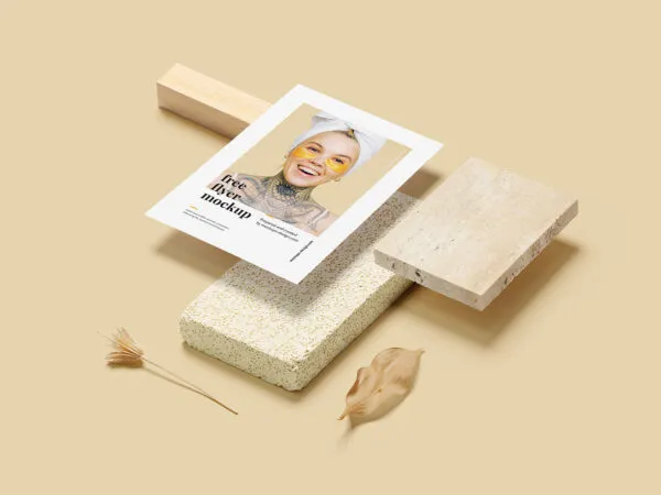2 Floating A5 Flyer Mockups with Stone Wood and Plant 1