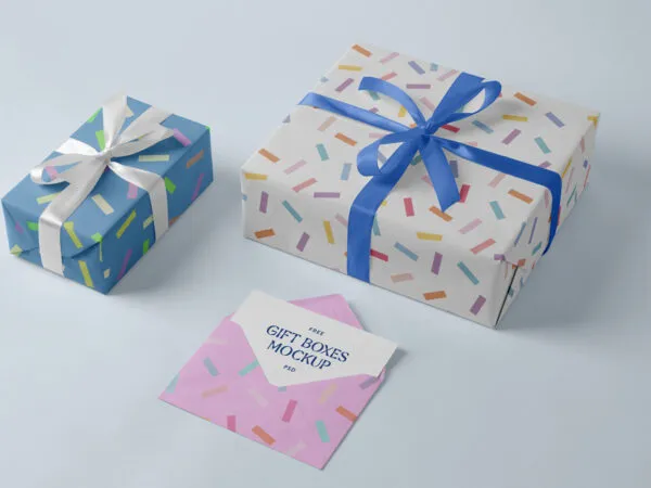 2 Gift Boxes at Different Sizes Mockup with Card and Envelope 1