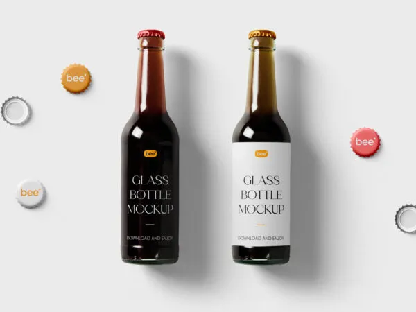 2 Glass Bottles Mockup with Caps in Front Sight 1