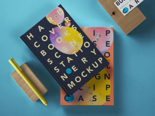 2 Hardcover Book Mockup with Stationery 1