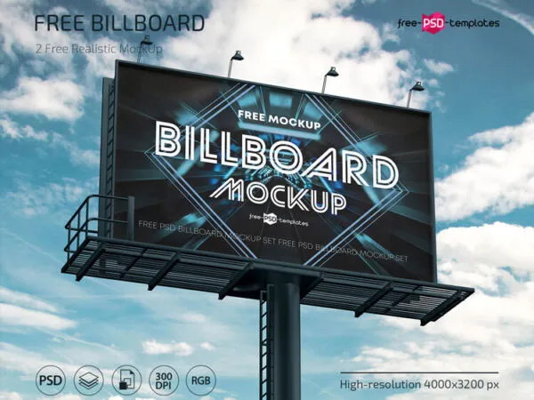 2 Low angle View Mockups of a Horizontal Metal Pole Billboard 1