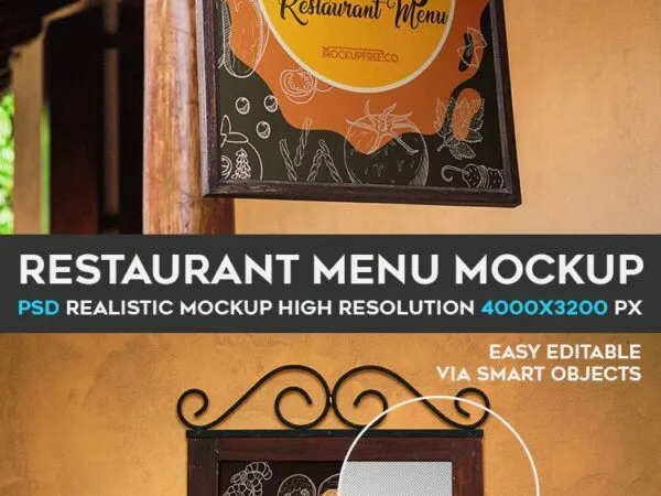 2 Mockups Featuring Restaurant Menu on Wall and Hanging Signboard 1