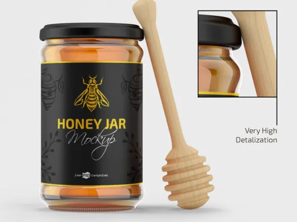 2 Mockups of Glass Honey Jar with Wooden Dipper 1