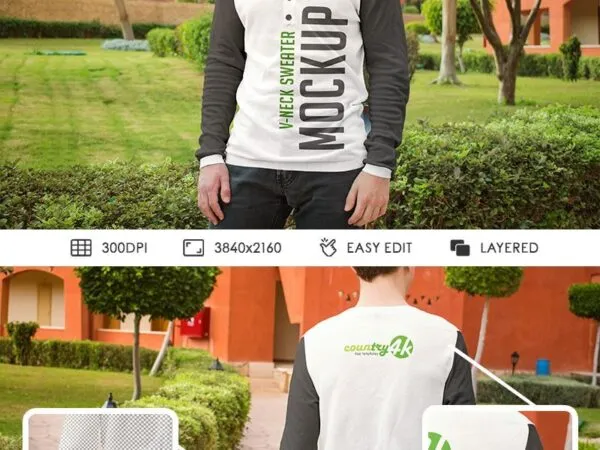 2 Mockups of Man Wearing V neck Sweater in the Park 1