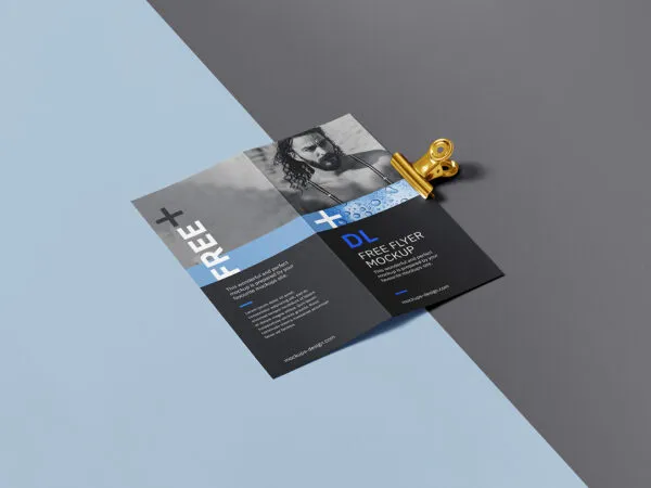 2 Mockups of Open Bi fold DL Flyer Brochure with a Clip 1