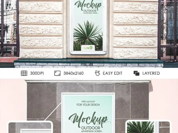 2 Mockups of Vertical Outdoor Advertising Screens in Front View 1