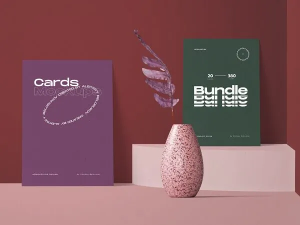 2 Paper Cards Mockup with Plant Vase in Front View 1