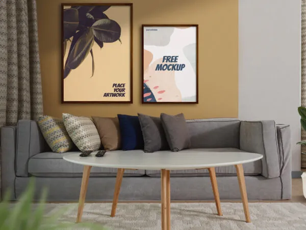 2 Poster Frames on a Living Room Wall Mockup 1