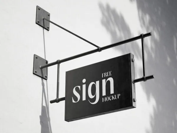 2 Shots of Hanging Sign Mockup on Blank Wall 1