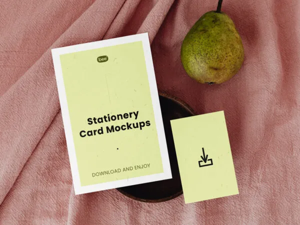2 Stationery Eco Cards Mockup with Pear in Top Sight 1