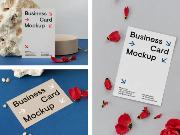 3 Business Card Mockups on Table with Flowers 1