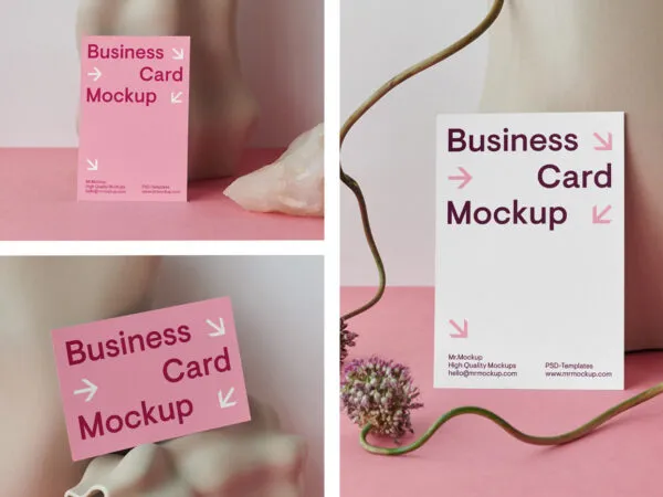 3 Business Card Mockups with Unique Vase in Front Sight 1