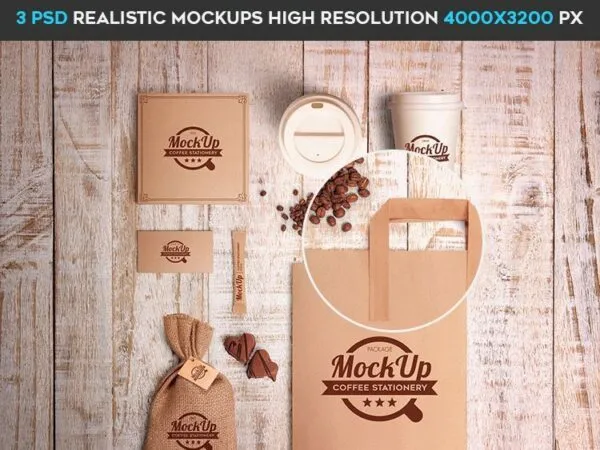 3 Coffee Stationery Mockups Including Bags Mugs and Boxes 1