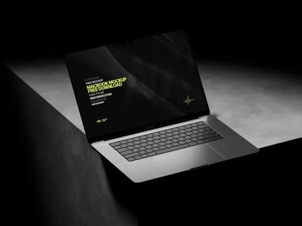 3 Dark MacBook Pro on Stand Mockups in Perspective view 1