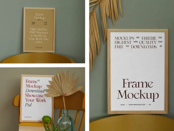 3 Different Shots of Wood Frame Mockup on Chair 1