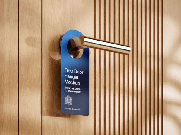 3 Door Hanger on Gold Handle Mockups on Wooden Door 1
