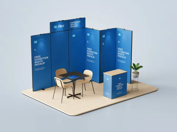 3 Exhibition Booth Mockups Featuring Backdrop Counter Desk and Chairs 1