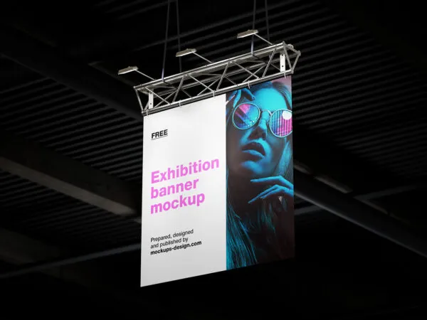 3 Hanging Exhibition Banner Mockups in Perspective Sights 1