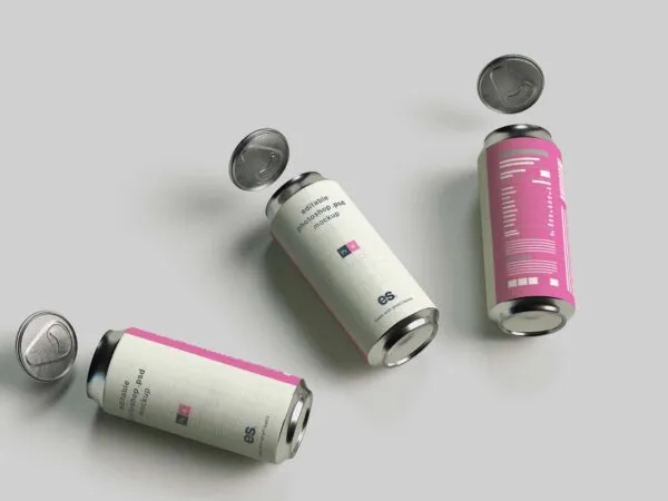 3 Lying Aluminum Soda Cans mockup Featuring Floating Lids 1