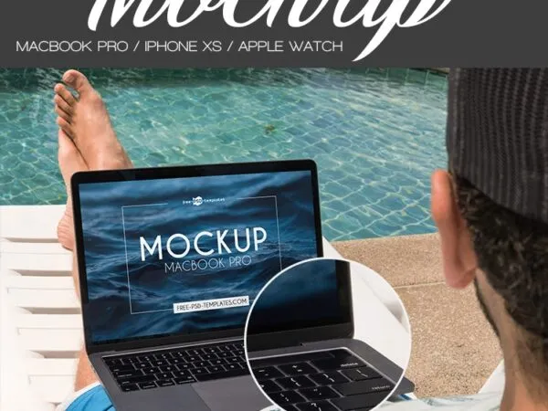 3 MacBook Pro iPhone XS Apple Watch Mockups in Outdoor Setting 1