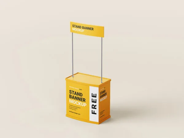 3 Mockups Featuring a Promo Stand in Different Views 1