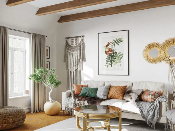 3 Mockups Hanged Poster in Cozy Boho Room 1