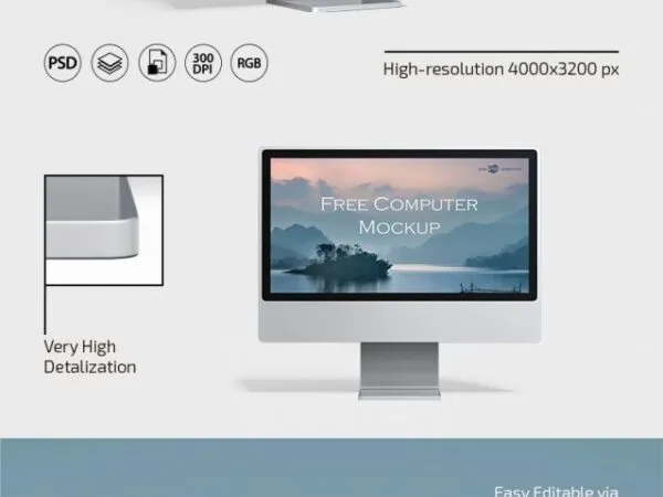 3 Mockups of Apple Computer Monitors Standing in Different Views 1