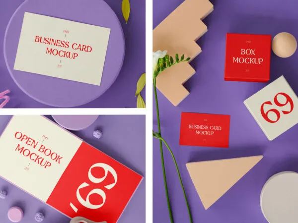 3 Mockups of Books and Cards with Geometric Shapes 1
