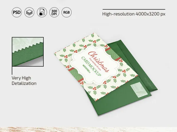 3 Mockups of Christmas Card and Envelopes in Different Views 1