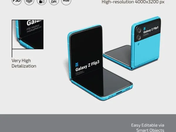 3 Mockups of Galaxy Z Flip 3 Cellphone in Different Positions 1
