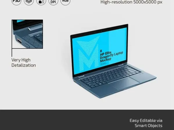3 Mockups of HP Elite Dragonfly Laptop in Varied Views 1