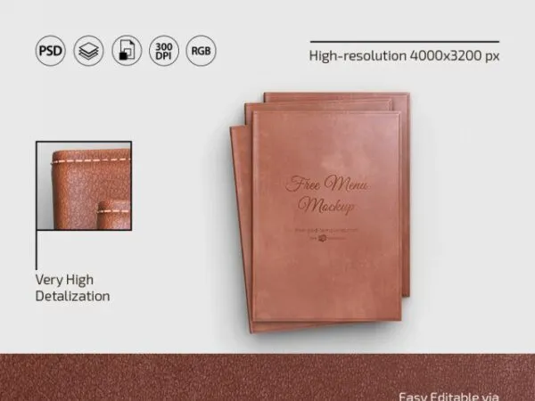 3 Mockups of Leather Menu Cover from Different Angles 1