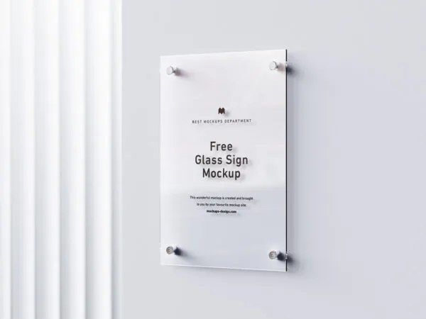 3 Mockups of Rectangular Glass Signage Hung on the Wall in Different Angles 1