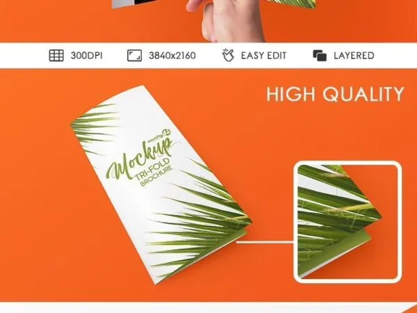 3 Mockups of Tri Fold A4 Brochure Featuring One Held by Hand 1