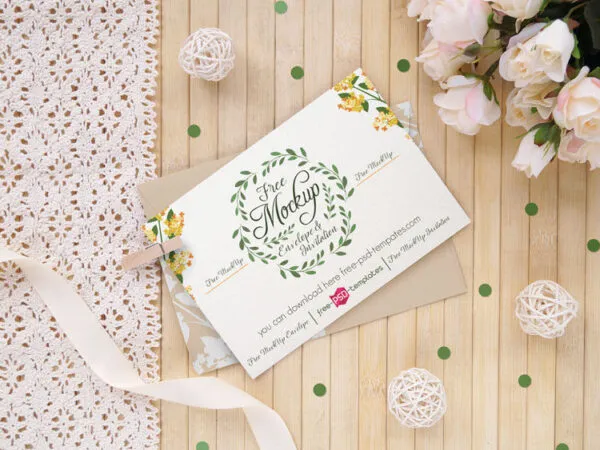 3 Mockups of Wedding Invitation Card with Flowers and Ribbons Around 1
