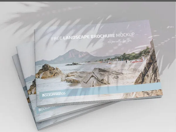 3 Perspective View Mockups Featuring Landscape Brochures in Different Positions 1