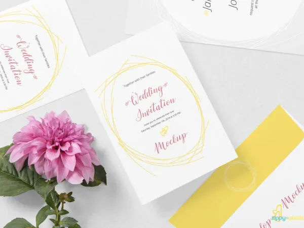 3 Scattered Wedding Cards and Envelope Mockup with a Flower 1