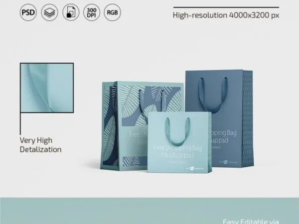 3 Shopping Bag Mockups Standing in Front and Half Side Views 1