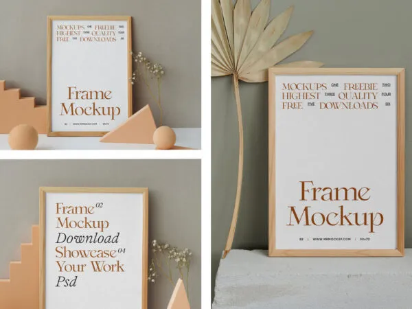 3 Shots of Front View Rectangular Wooden Frame Mockups 1