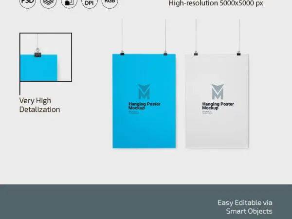 3 Shots of Hanging Poster Mockup 1
