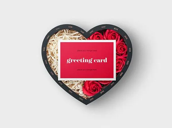 3 Shots of Heart Shaped Box with Greeting Card Mockup 1