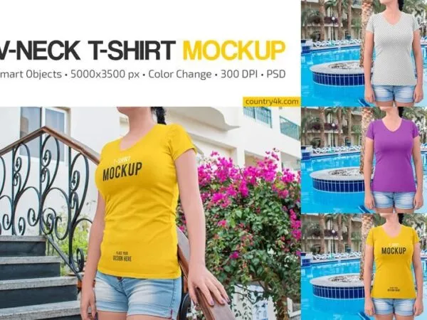 3 Shots of Womens Slim Fit V Neck T Shirt Mockup 1