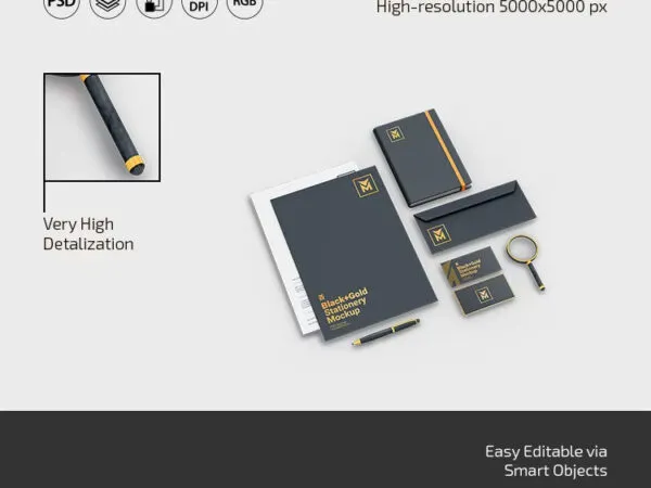 3 Showcases of Black Gold Stationery Mockup 1