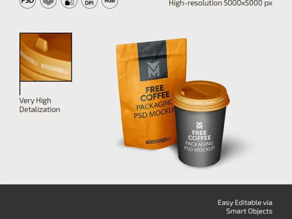3 Showcases of Coffee Bag Mockup with Cup 1