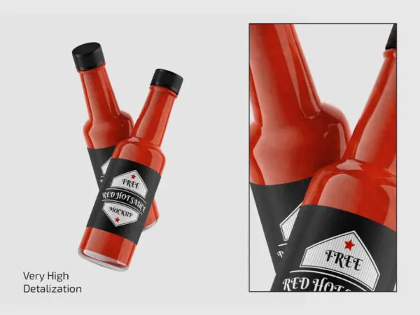 3 Showcases of Cylindrical Red Hot Sauce Bottle Mockup 1